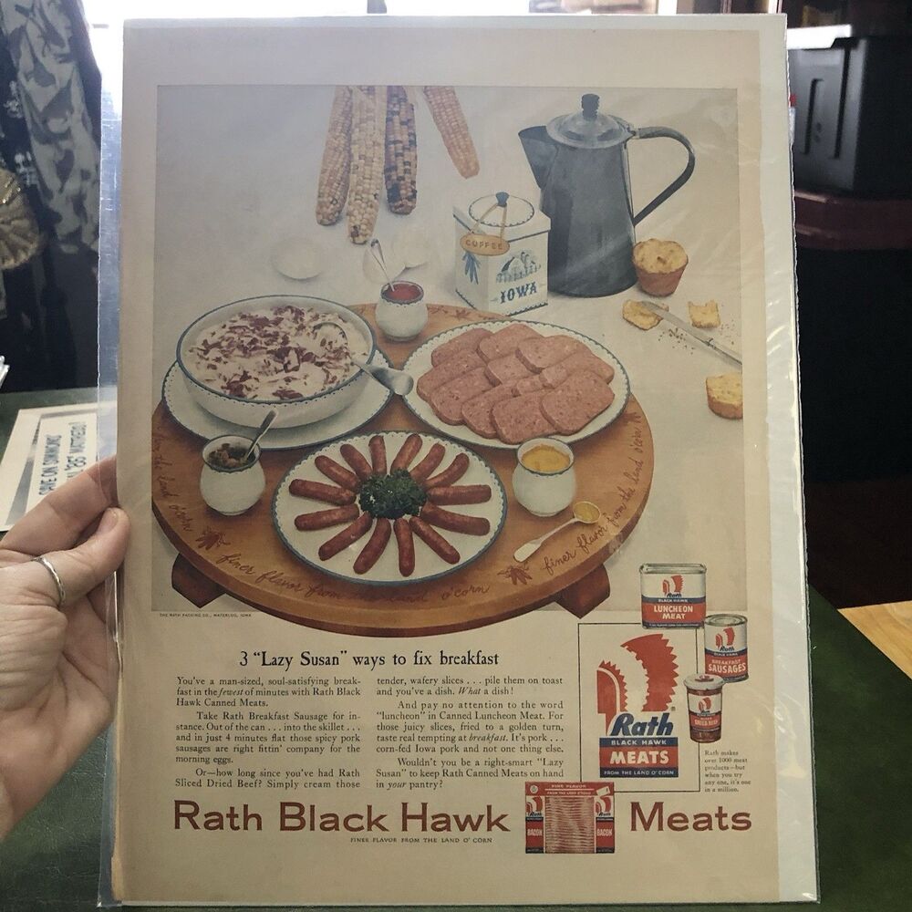 Vintage 1950s Double Magazine Ad For Rath Black Hawk Meat & Ronson Lighters
